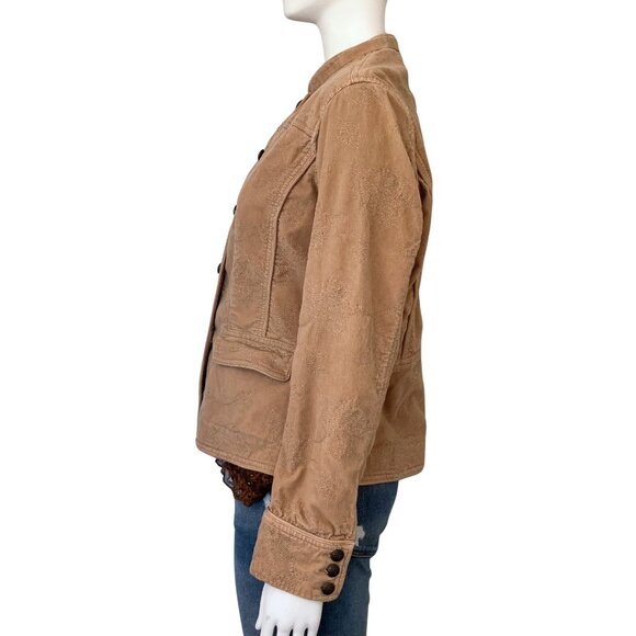 Vintage Y2K Tan Corduroy Jacket Tonal Floral Embroidered Medium Boho Cottagecore - Picture 6 of 13